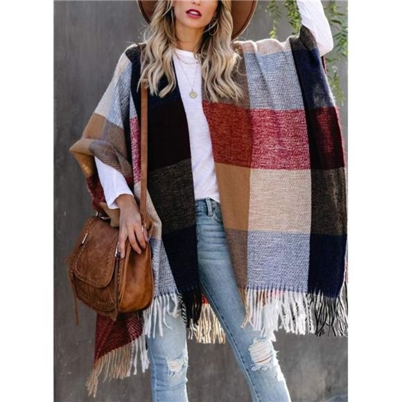 Women Boho Buffalo PlaidPoncho Pashmina Shawl WrapCape Sweater Knitting Cardigan - Picture 2 of 5